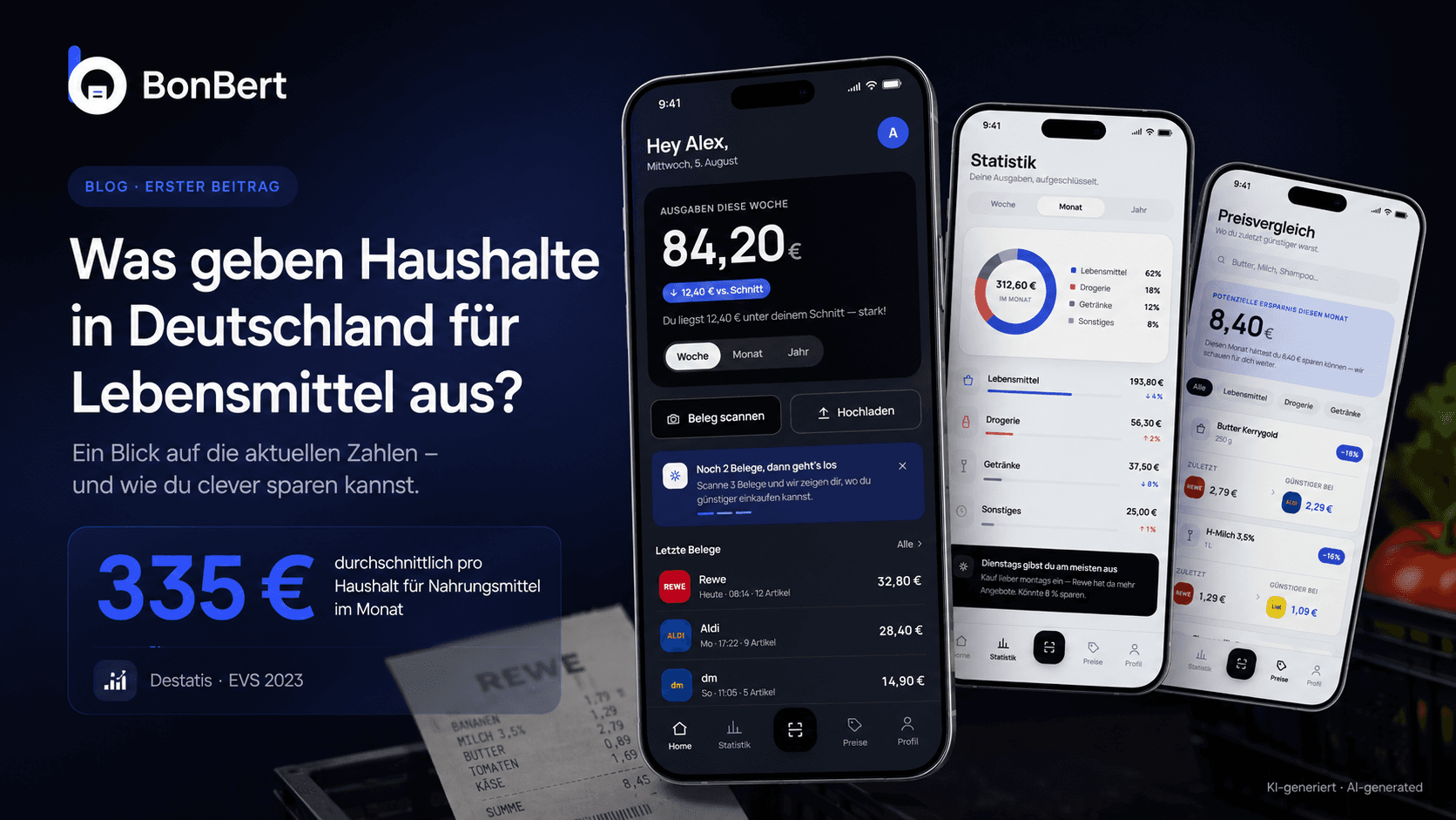 BonBert App mit Statistik und Preisvergleich zu monatlichen Lebensmittelkosten in Deutschland